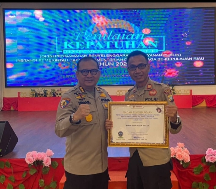 Polres Bintan Terima Penghargaan Kepatuhan Pelayanan Publik Tahun 2023 Dari Ombusdman RI