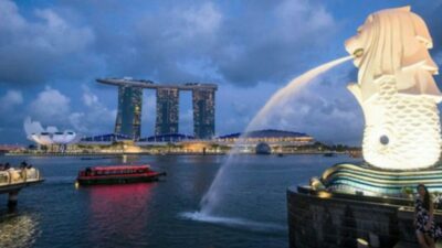 Patung Merlion di Singapura (Foto: Benard E/Andia/Getty Image)