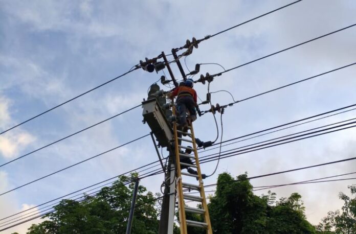 Petugas PLN Batam melakukan perbaikan jaringan listrik yang terganggu akibat layang-layang dan pohon tumbang. Foto: PLN Batam