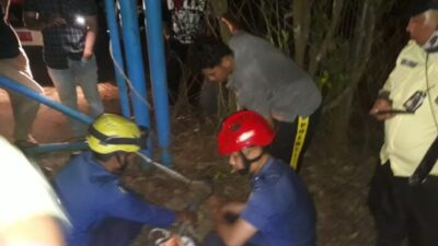 Petugas Damkar Pemko Batam mengevakuasi buaya berukuran 3,5 meter berbobot 100 kilogram yang merupakan penghuni Dam Duriangkang, Batam, Rabu (5/11/2025).