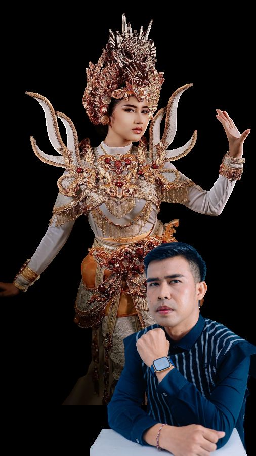 Desainer Batam Indra Prameswara bersama kostum Legenda Pulau Putri yang akan dikenakan perwakilan Kepri di Putri Indonesia 2026. Foto: Istimewa