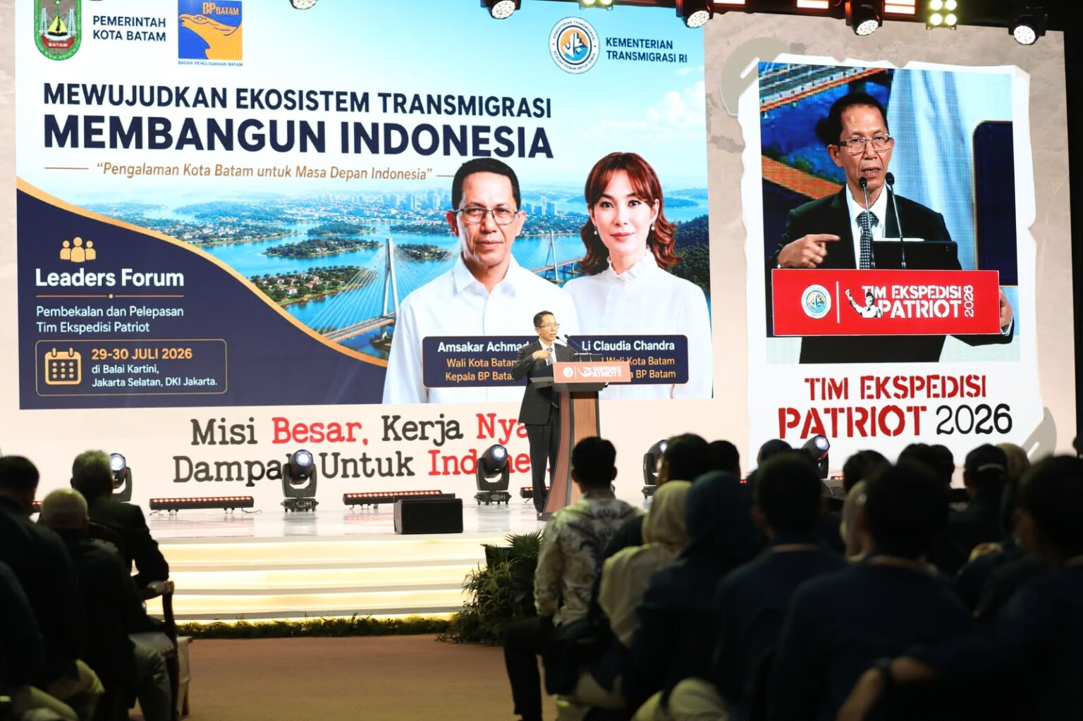 Wali Kota Batam, Amsakar Achmad, saat menjadi narasumber dalam Pelepasan Tim Ekspedisi Patriot Tahun 2026 yang digelar Kementerian Transmigrasi di Balai Kartini, Jakarta Selatan, Kamis (30/7/2026). HUMAS DISKOMINFO BATAM