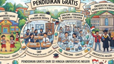 Ilustrasi pendidikan gratis dari level SD hingga universitas negeri.(Dibuat dengan AI I Kompas.com/BAL)