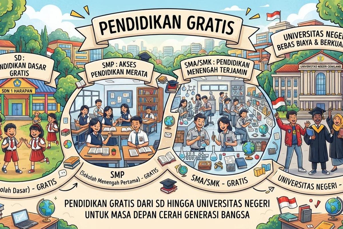 Ilustrasi pendidikan gratis dari level SD hingga universitas negeri.(Dibuat dengan AI I Kompas.com/BAL)